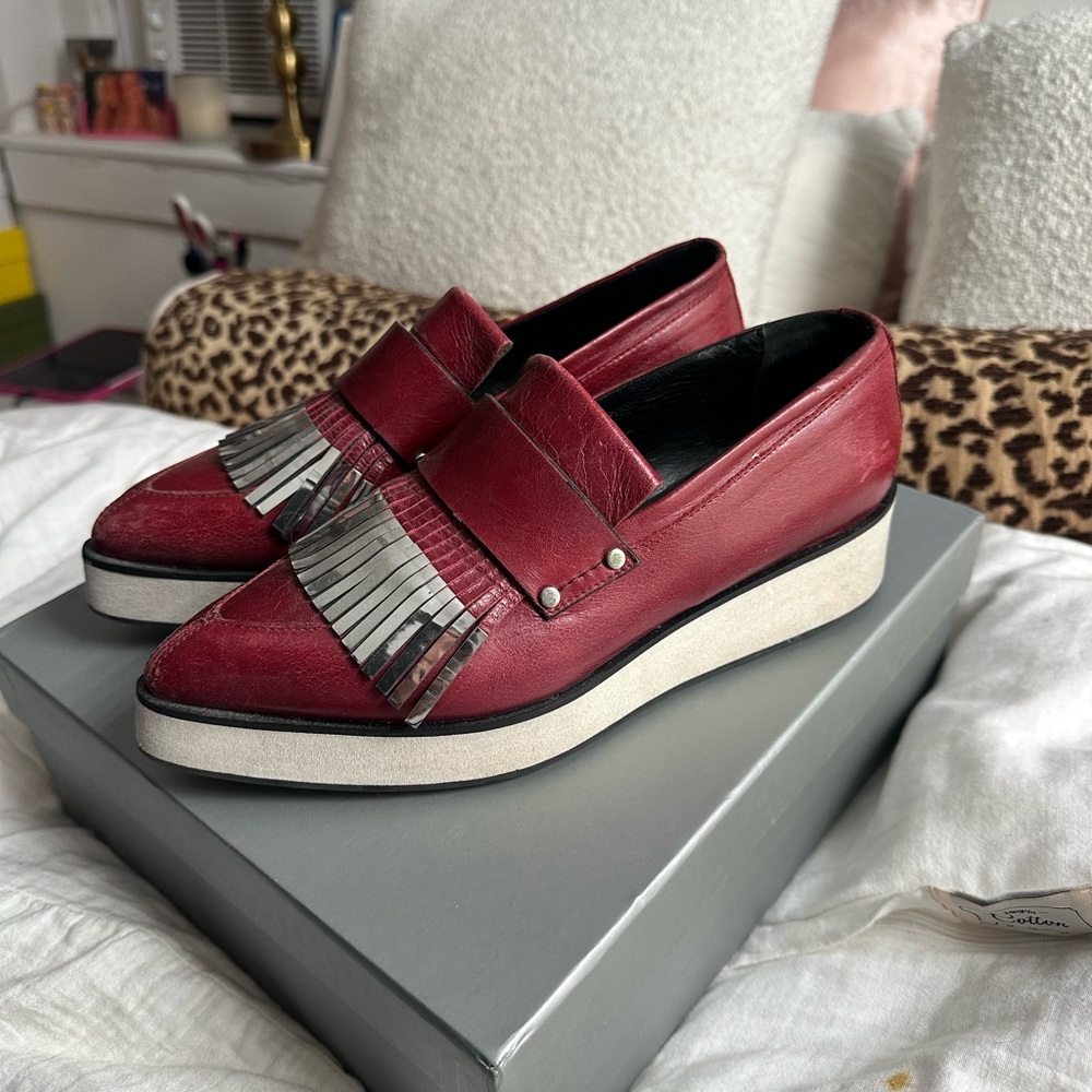 McQueen Red Platform Loafers with Silver Fringe